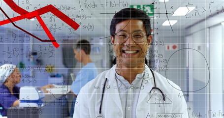 Image of mathematical equations and financial data processing over asian male doctor