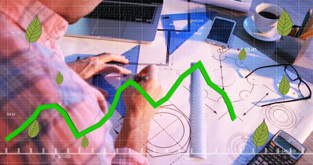 Image of leaves and financial data processing over biracial male architect