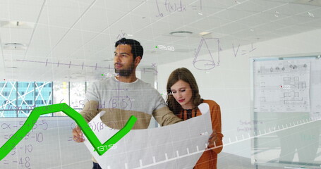 Image of mathematical equations and financial data processing over diverse architects