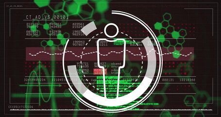Image of human icon over data processing and chemical formula on black background