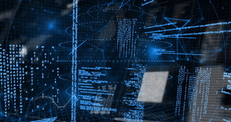 Image of globe and world map over data processing on black background