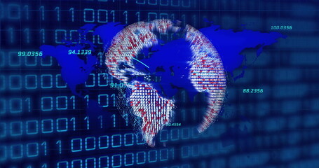 Image of globe and world map over data processing and binary coding on black background
