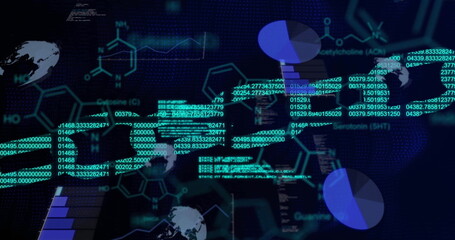 Image of chain and chemical formula over data processing and binary coding on black background