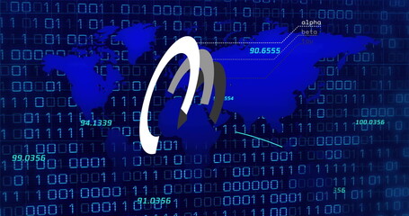 Image of circles and world map over data processing and binary coding on black background