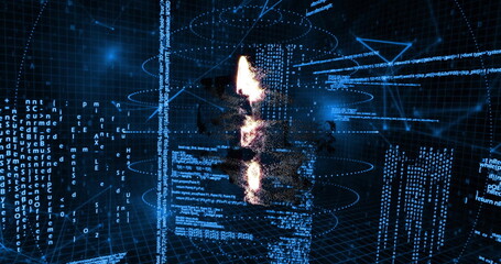 Image of globe over data processing on black background