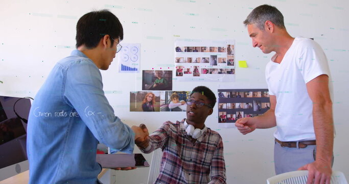 Image of mathematical equations and financial data processing over diverse colleagues