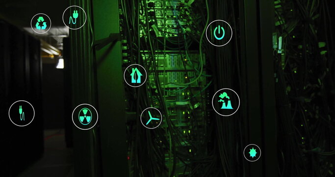 Image of eco icons and digital data processing over computer servers
