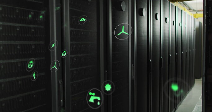 Image of eco icons and digital data processing over computer servers - Powered by Adobe
