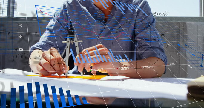 Image of mathematical equations and financial data processing over asian male architect - Powered by Adobe