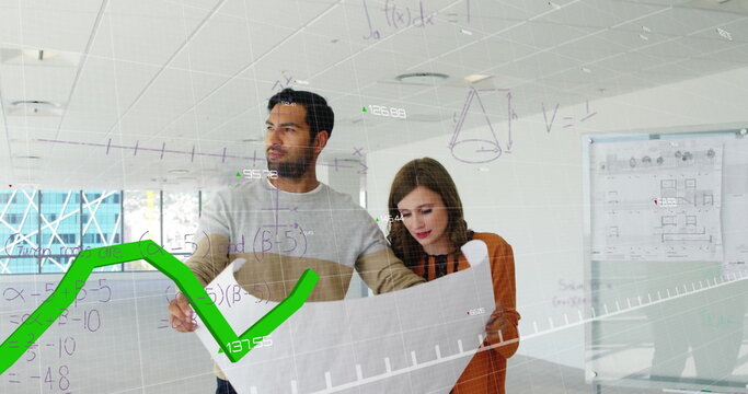 Image of mathematical equations and financial data processing over diverse architects - Powered by Adobe