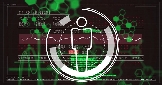 Image of human icon over data processing and chemical formula on black background