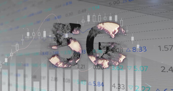 Image of 5g text and stock market over data processing and diagrams on white background - Powered by Adobe