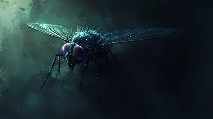 Fototapeta premium A captivating illustration of a luminous fly in a dark setting. phantasmagoric. illustration. Luminous. Illustration