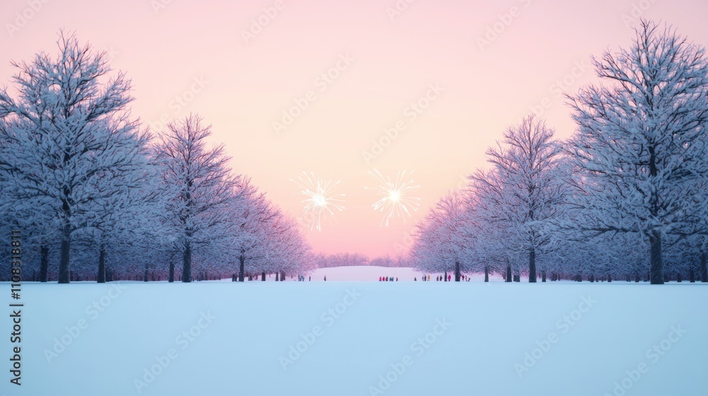 Poster a snowy field with a few trees and a few people