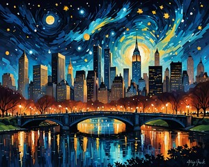 New york city skyline, central park, painted like starry night