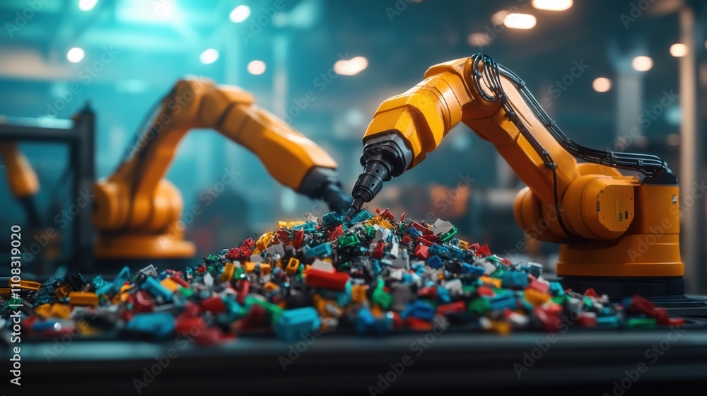 Poster advanced robotic arms sorting colorful plastic pieces in a modern factory environment, showcasing au