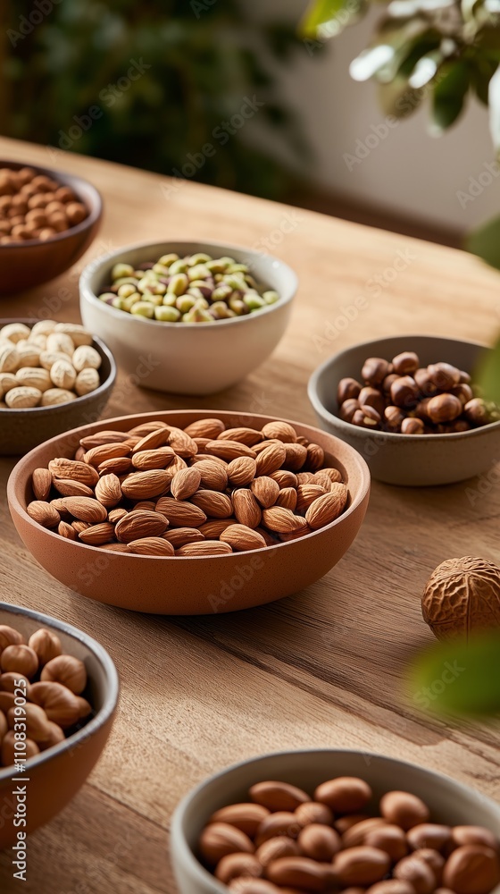 Poster various types of nuts displayed in bowls on a wooden table in a cozy setting during the afternoon