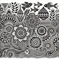 Monochrome Floral Fish Pattern Intricate Black and White Art Design