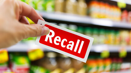 Hand holding a "Recall" sticker on a packaged food item, highlighting the importance of food safety and consumer protection in product management