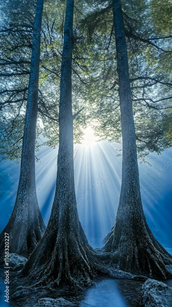 Poster sunlight filters through tall trees in a serene forest setting near a calm water body at dawn