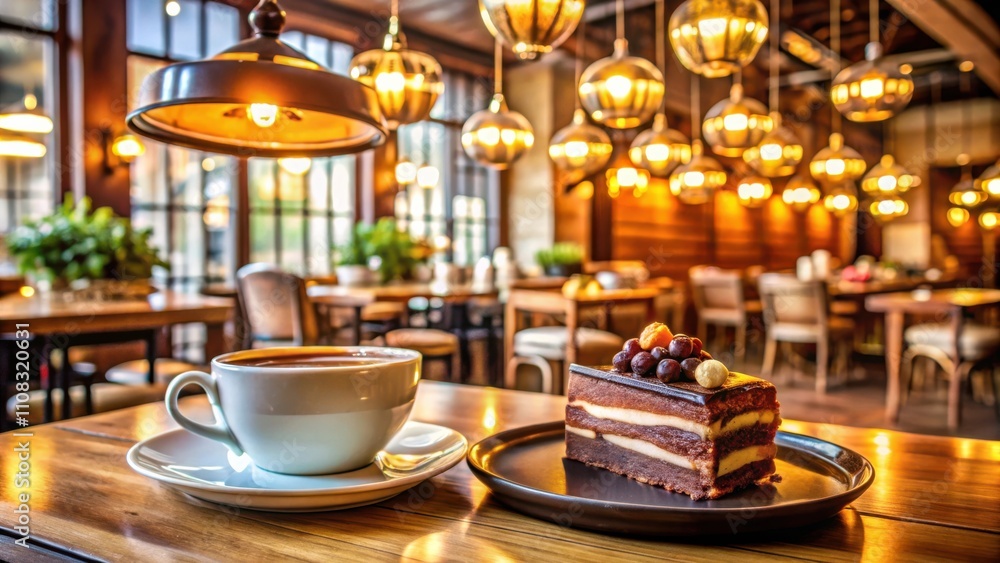 Poster a warm cup of coffee and a slice of decadent chocolate cake on a wooden table in a cozy cafe setting