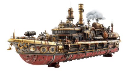 Steampunk style warship sailing on transparent background