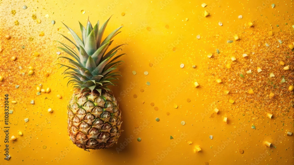 Poster a single pineapple rests on a vibrant yellow surface adorned with scattered golden confetti, creatin