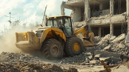 Obraz premium Bobcat skid steer loader approaching pile of rubble low angle view 