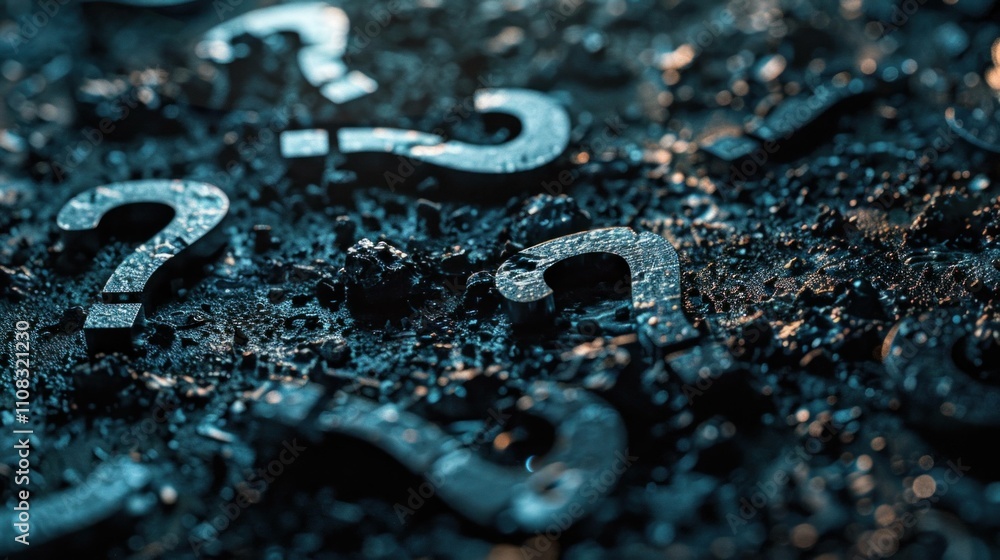 Poster abstract representation of uncertainty with metallic question marks on a dark, textured surface, cre