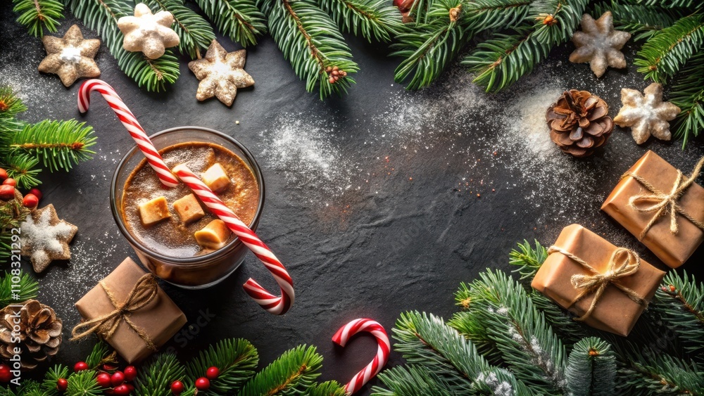 Aufkleber a festive treat with marshmallows and peppermint sticks surrounded by evergreen branches and rustic 