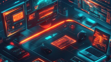 Obraz premium Futuristic Tech Workspace with Neon Accents