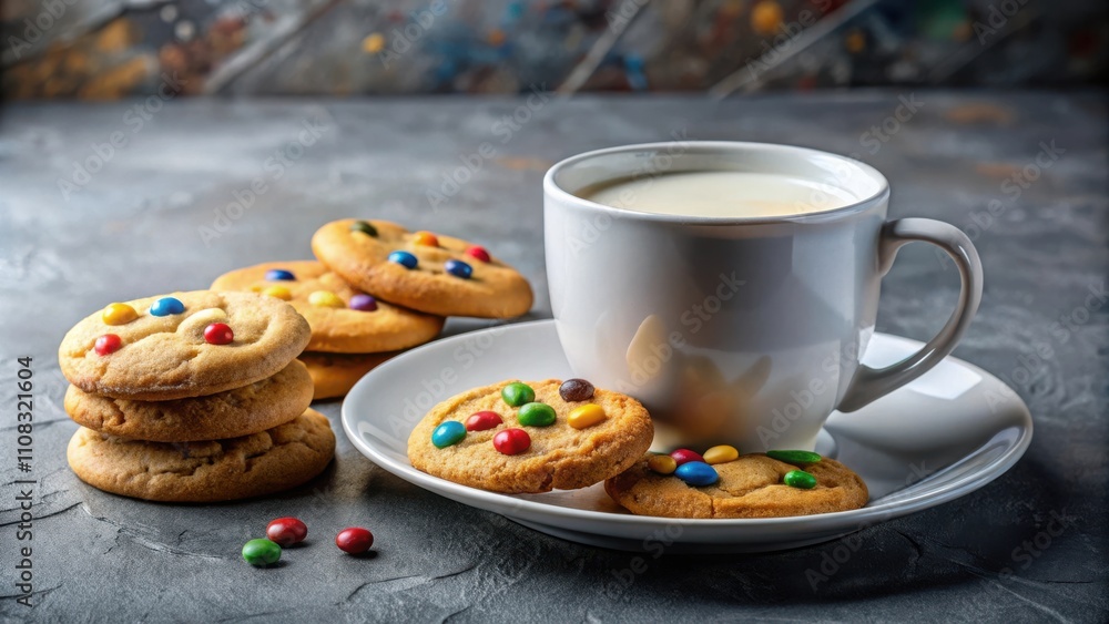Poster a cup of creamy coffee with a saucer and a stack of colorful chocolate chip cookies on a dark textur
