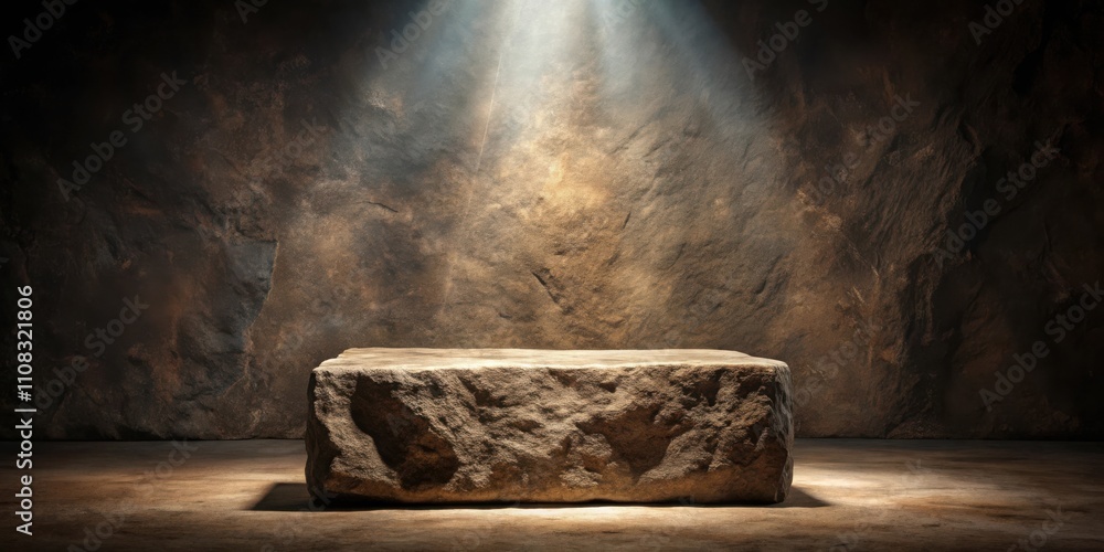 Poster A Single Stone Platform Illuminated by a Beam of Light in a Dark Cave Setting