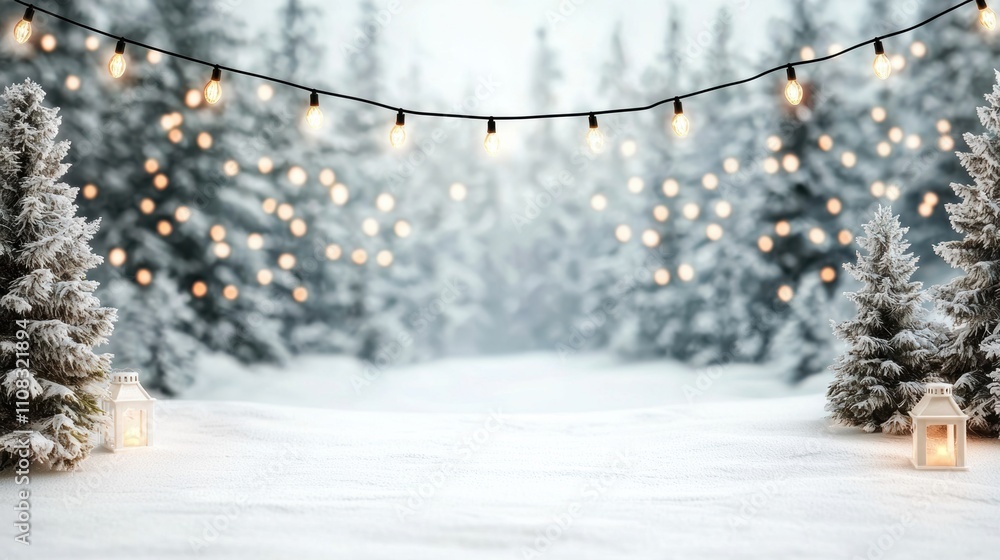 Poster a snowy forest with a white background and a row of lights