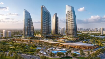 Naklejka premium Sleek Modern Skyscrapers in Urban Landscape