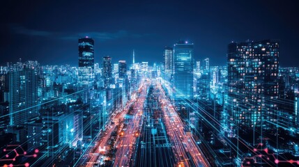 Fototapeta premium Urban Nightscape with Neon Lights and Technology Vibe
