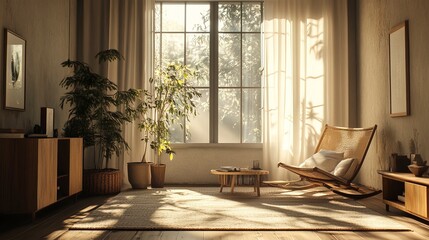 Fototapeta premium Cozy Scandinavian living room featuring natural materials and minimalistic decor during bright daylight hours 