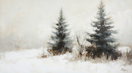 Obraz premium Winter trees on snowy landscape, oil painting, art, vintage style