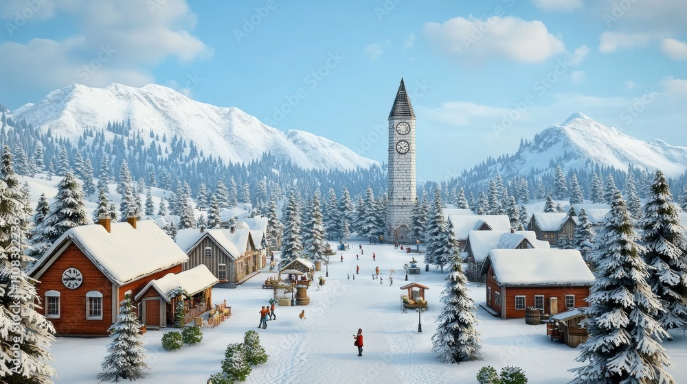 Poster a snowy mountain range with a clock tower in the middle