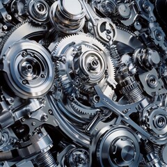 Intricate mechanical gears in motion industrial workshop close-up photography high-tech environment detailed perspective engineering concept