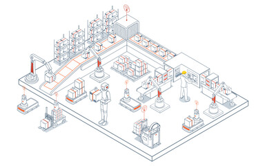 Automated warehouse logistics utilizing AGVs and AMRs for efficient robotic material handling, transportation, and comprehensive cargo management services. Vector illustration EPS 10