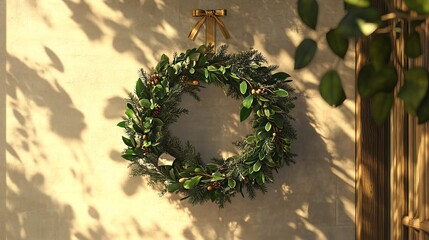A classic evergreen wreath hangs gracefully on a plain backdrop, offering a sense of calm and tradition through its lush foliage and artisanal construction.  