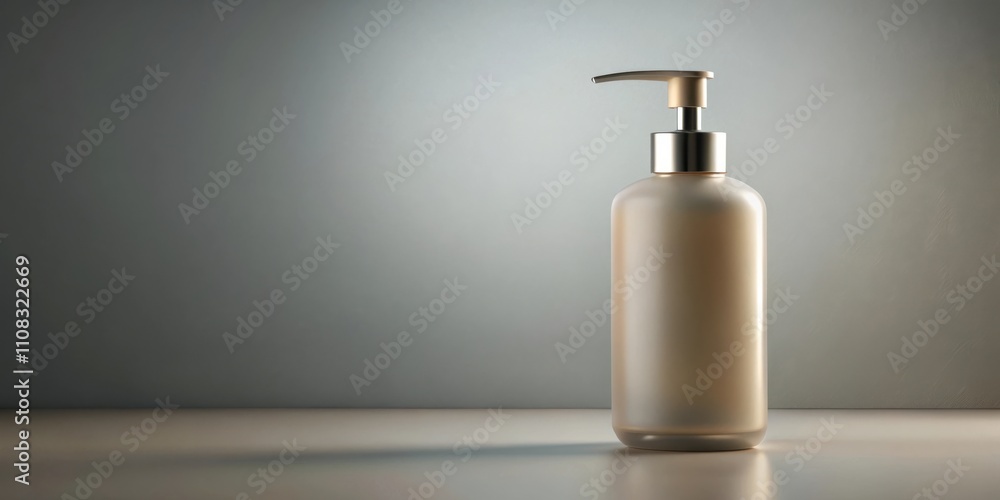 Poster a minimalist presentation of a frosted glass pump bottle with a silver accent on a subtle beige surf