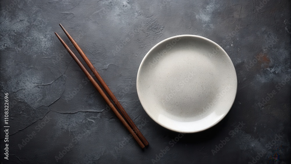 Aufkleber empty plate with chopsticks on dark textured surface