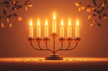 Fototapeta premium An elegant menorah illuminated for Hanukkah, capturing the essence of the festive season. Ideal for holiday cards, event promotions, or cultural celebrations.