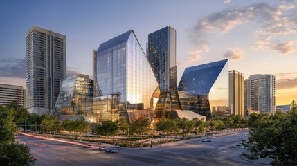 Fototapeta premium Modern Architecture with Glass Facades at Sunset