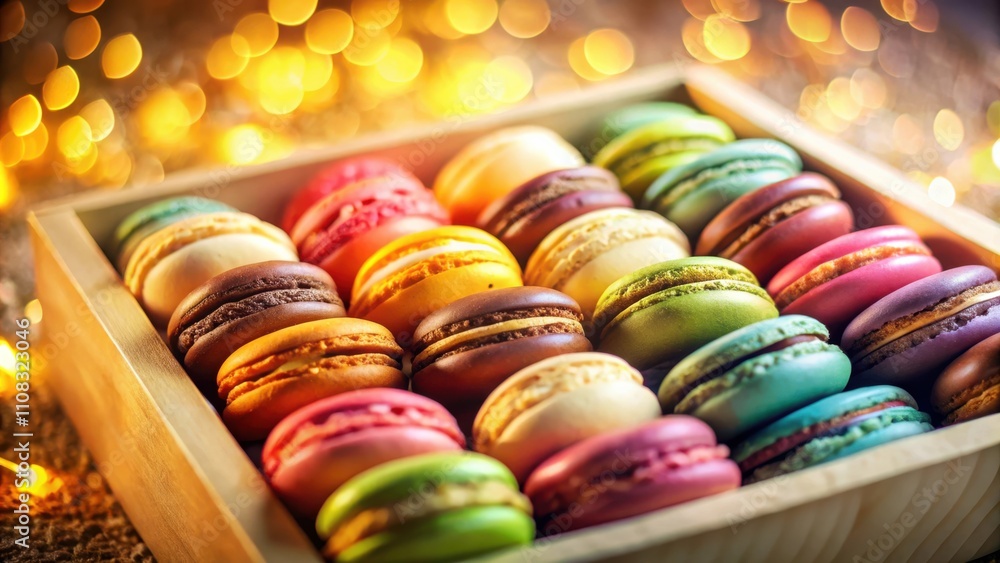 Poster a delicate array of colorful macarons in a wooden box, bathed in warm golden light