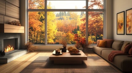 Obraz premium A cozy living room featuring modern and stylish decor with a fireplace, large windows providing a scenic view of vibrant fall foliage and an inviting autumn atmosphere. 
