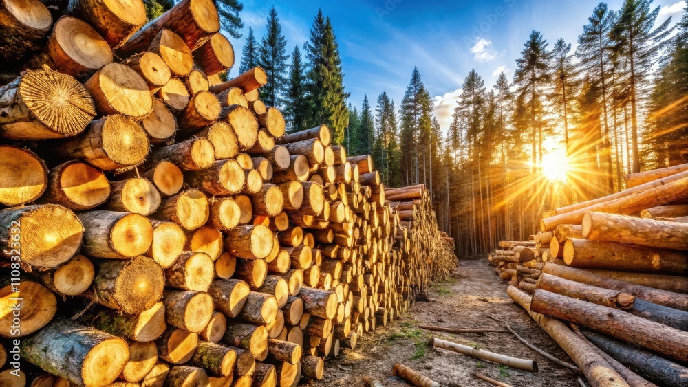 Poster A large pile of stacked logs basks in the warm glow of the setting sun, casting long shadows through the dense forest
