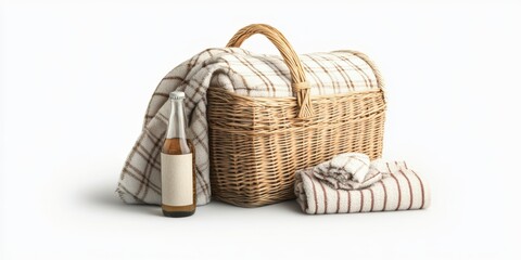 Obraz premium Cozy Picnic Basket with Blanket, Towels, and Drink - Ready for Adventu